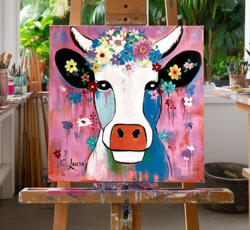 Cow Art, 'Dreams of Flowers Cow', by Artist Carol Landry