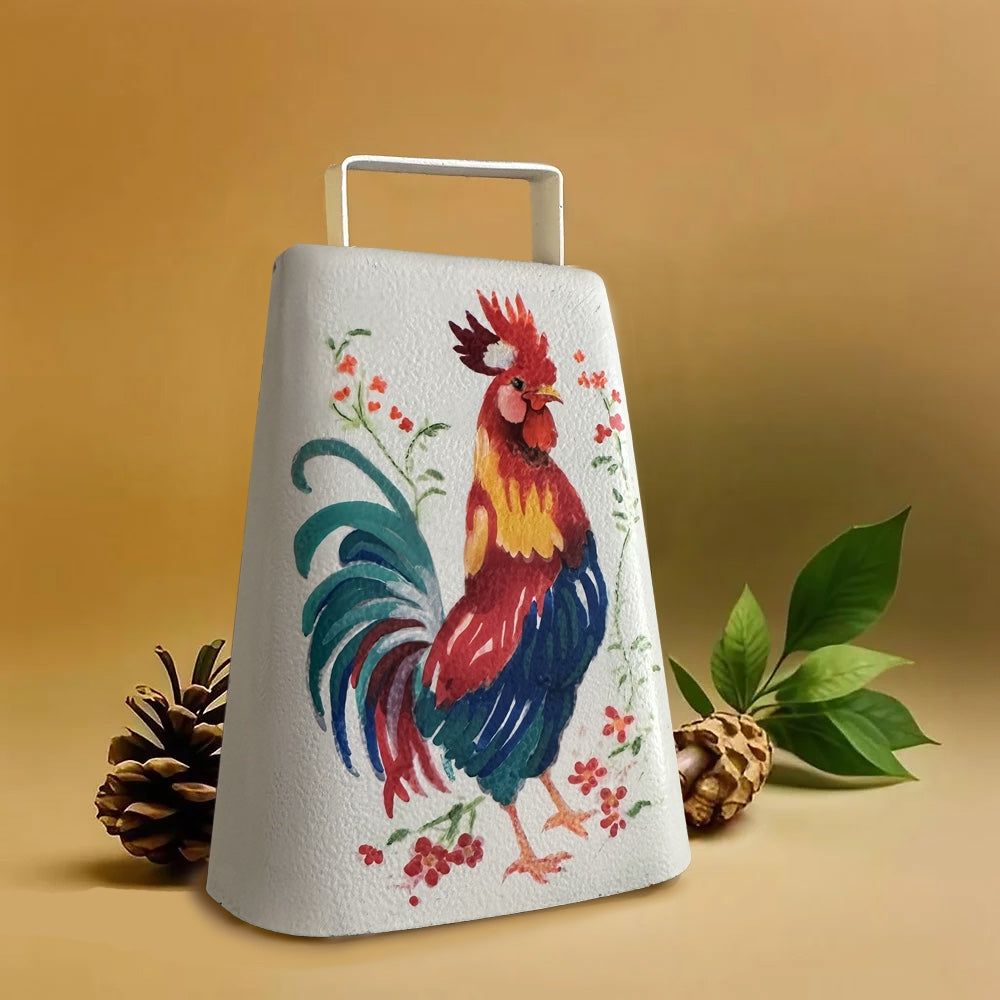 Cowbell Handpainted, 'Folk Art Rooster', by Artist Carol Landry. One of a kind.