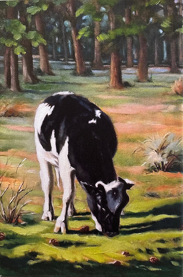 Cow Grazing, Black & White Illustration Canvas Wall Art, 8"x 12"