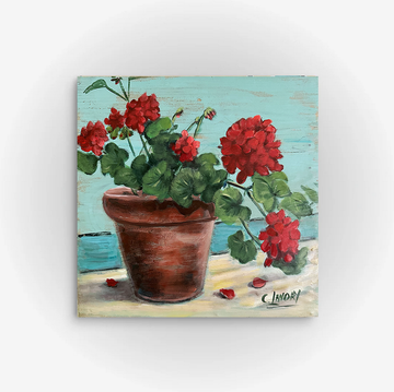 Wall Art, 'Gerainiums, Potted on Wood', by Artist Carol Landry, 12"x12" Original Acrylic