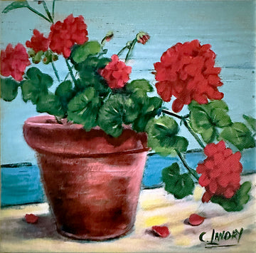 Gerainiums in Pot, Painted by Artist Carol Landry, 8"x 8" Copy on Canvas