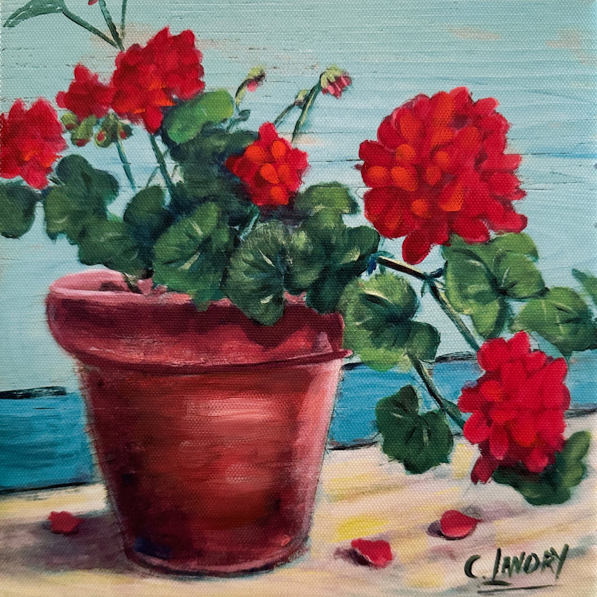 Wall Art, 'Gerainiums in Pot', Reproduction on 8"x 8" Canvas, by Artist Carol Landry