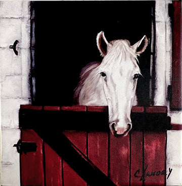 French Horse in Stable, Wall Art, 8"x 8" Copy on Wrapped Canvas by Artist Carol Landry