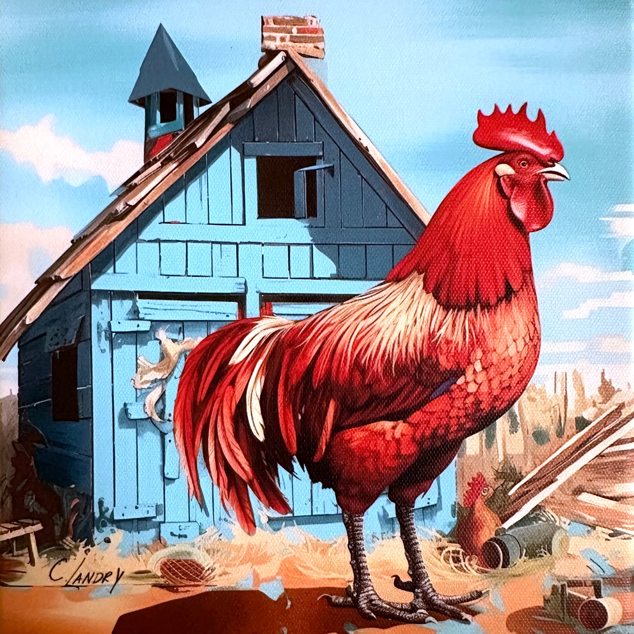 Rooster/Blue Barn on 8"x8" Canvas