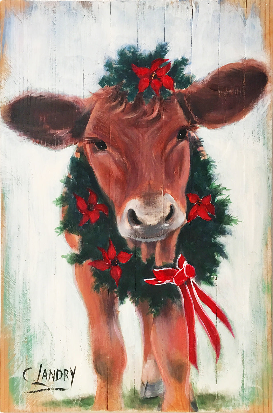 Christmas Wall Art, 'Lucy Cow' 8"x 12" Copy Canvas, Painted by Artist Carol Landry