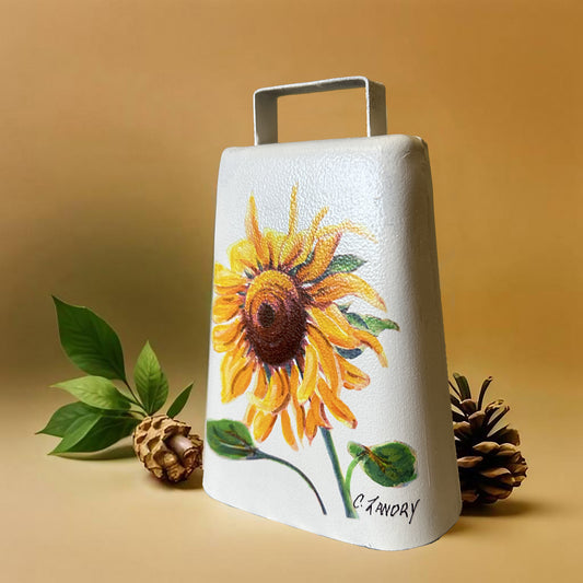 Cowbell Handpainted, 'Mammoth Sunflower', by Artist Carol Landry