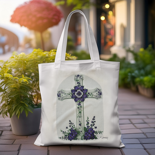 Tote Bag, Cross with Purple flowers, 13