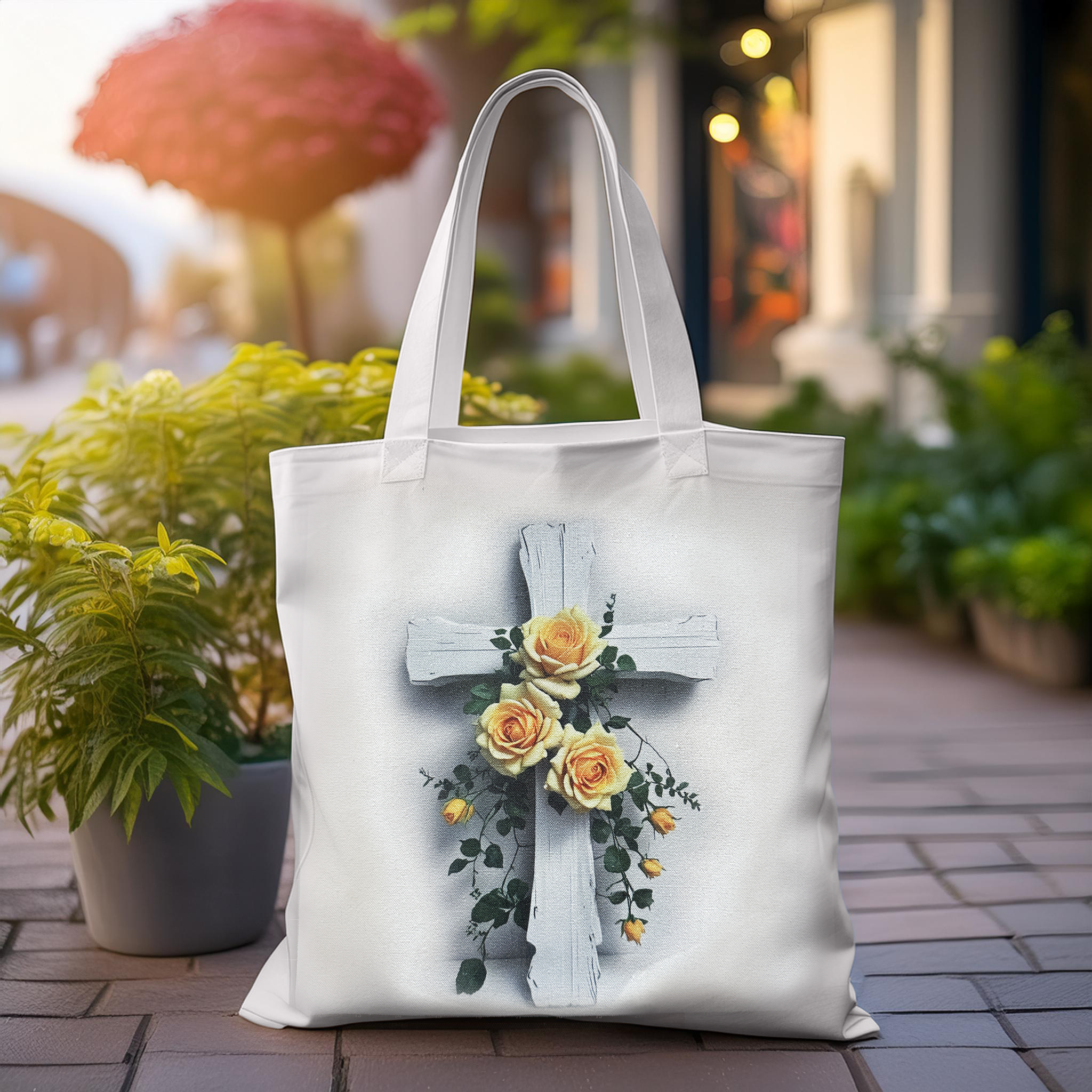 Tote Bag, Cross, Shabby Chic Cross with Yellow Roses, 13"x 15"