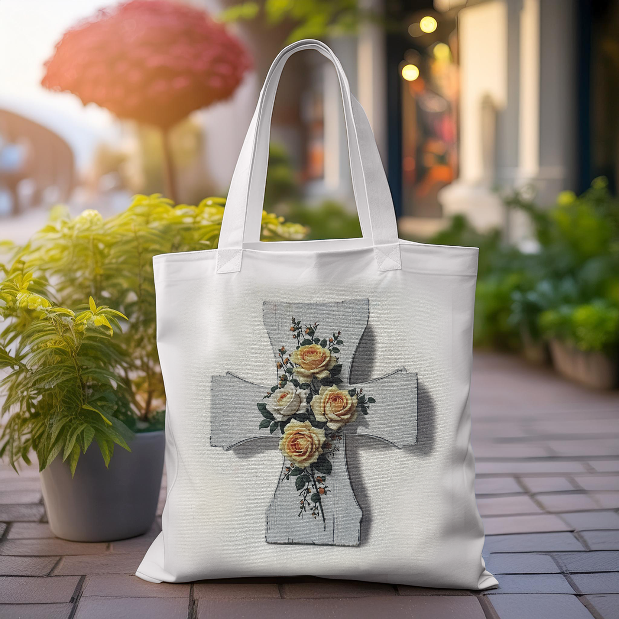 Tote Bag, 13"x 15", Holy Cross with Yellow Roses Designed by Carol Landry