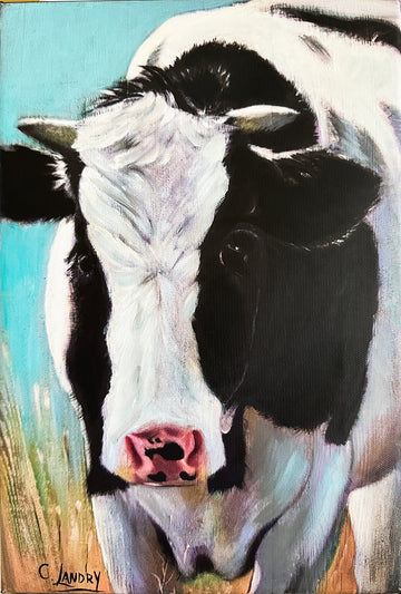 Cow Wall Art, B&W Nosey looking Cow, 8"x 12" Reproduction on Canvas, by Artist Carol Landry