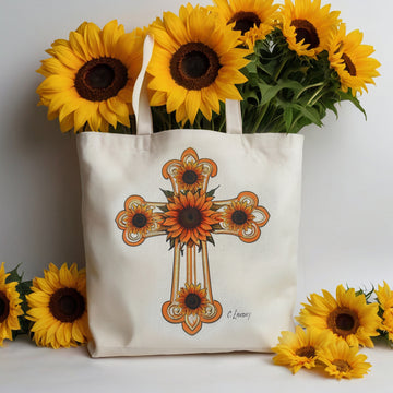 Tote Bag, Cross with Sunflowers Theme, 13"x 15", White Bag