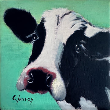 Cow Wall Art, Black & White 'O' Cow, 8"x 8" Reproduction on Canvas by Artist Carol Landry