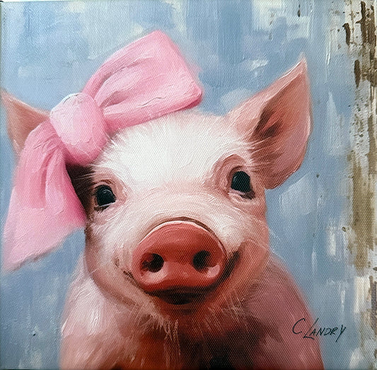 Wall Art, 'Piggy with Bow', Digital Art of a Cute Pink Piggy on a 8