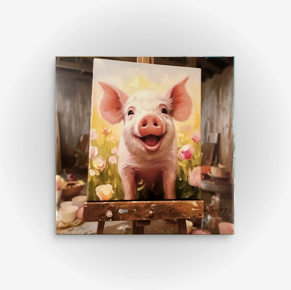 Piggy Wall Art, 'Piggy on Easel', 8"x 8" Digital Art on a Wrapped Canvas