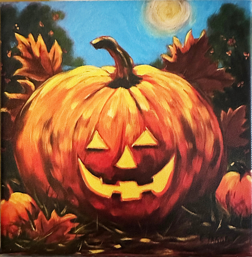 Fall Pumpkin Painting, 8"x 8", Reproduction on a wrapped canvas by Artist Carol Landry