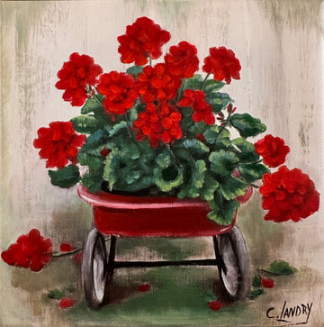 Wall Art, 'Red Wagon, Gerainiums', by Artist Carol Landry, 8"x 8" Reproduction