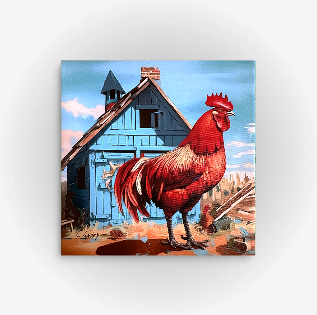 Rooster Wall Art, 'Rooster on Blue Barn', Digital Art, 12"x 12" on a Wrapped Canvas