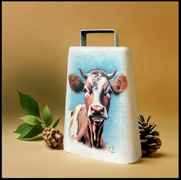 Cowbell Handpainted, 'Brown & White Cow', by Artist Carol Landry