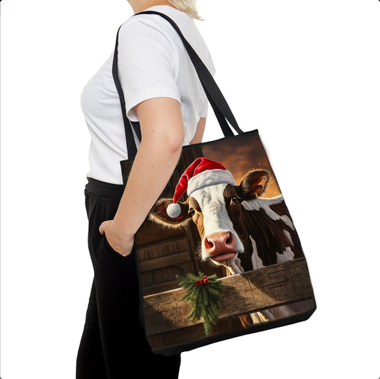 Tote Bag, Christmas Cow with Santa Hat in Barn, 15