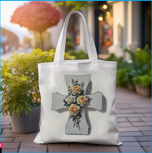 Tote Bag, Wide Shabby Chic Cross with Yellow Roses Design, 13