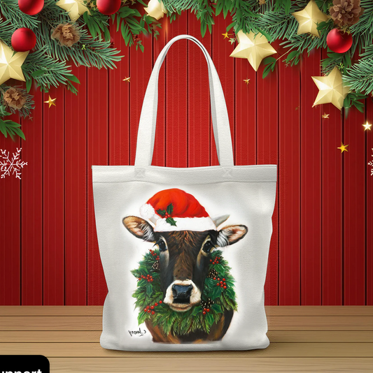 Christmas Tote Bag, 'Tobey Cow', by Artist Carol Landry