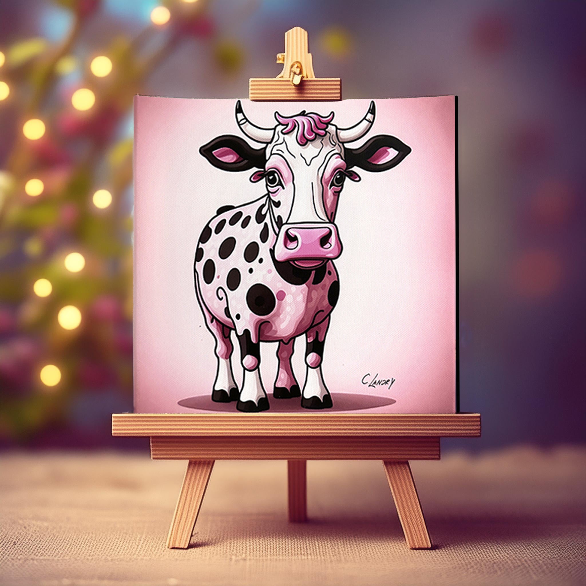 Cow Wall Art, 'Strawberry Cow', 8"x 8" Copy on Wrapped Canvas By Artist Carol Landry