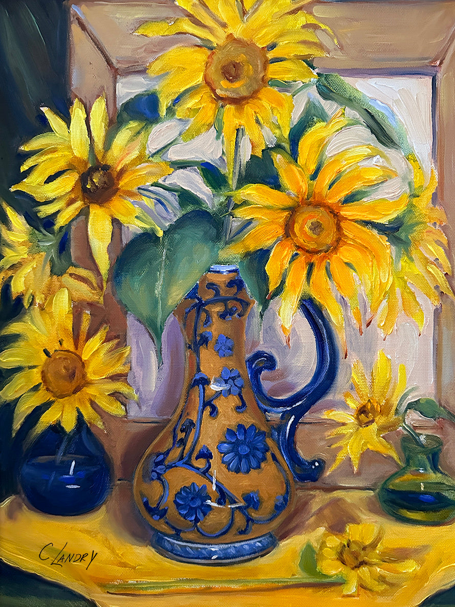 Sunflowers Still Life, Copy Canvas Wall Art, Painted by Artist Carol Landry, 12"x 16"