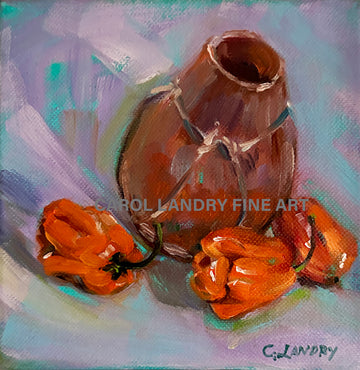 Chili Peppers Original Painting, 6"x 6" on a Wrapped Canvas by Artist Carol Landry