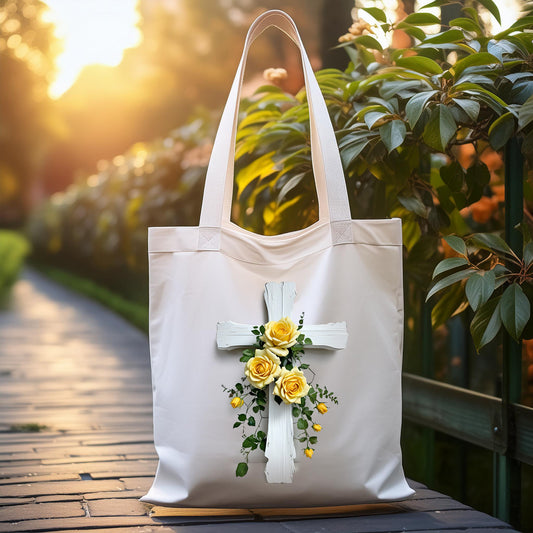 Tote Bag, Shabby Chic Cross, (thin), with Yellow Roses Design, Great Church Gift!!