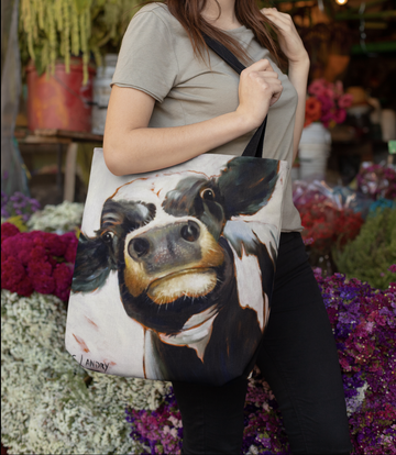 TOTE BAG, Cow Art on a  tote, by Artist Carol Landry, 16"x 16"