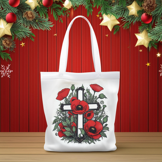 Tote Bag, White Cross with Red Poppies Design, 13