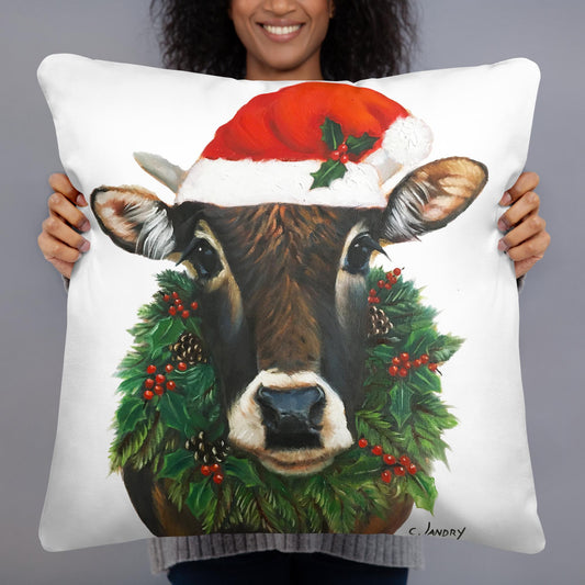 Throw Pillow Christmas Cow, 'TobeyCow', by Artist Carol Landry, Cow Decor