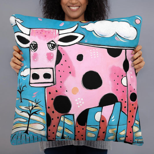 Throw Abstract Cow Pillow, 'Strawberry Milk Cow', by Artist Carol Landry, Cow Decor