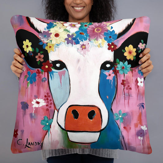 Throw Pillow, Abstract Floral Cow, Whimsical Cow, by Artist Carol Landry, Cow Pillow Decor