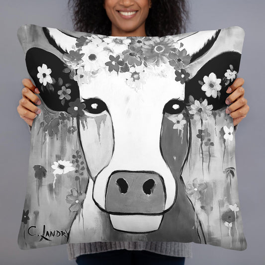 Throw Pillow, Abstract Floral Cow, Black & White Pillow, By Artist Carol Landry