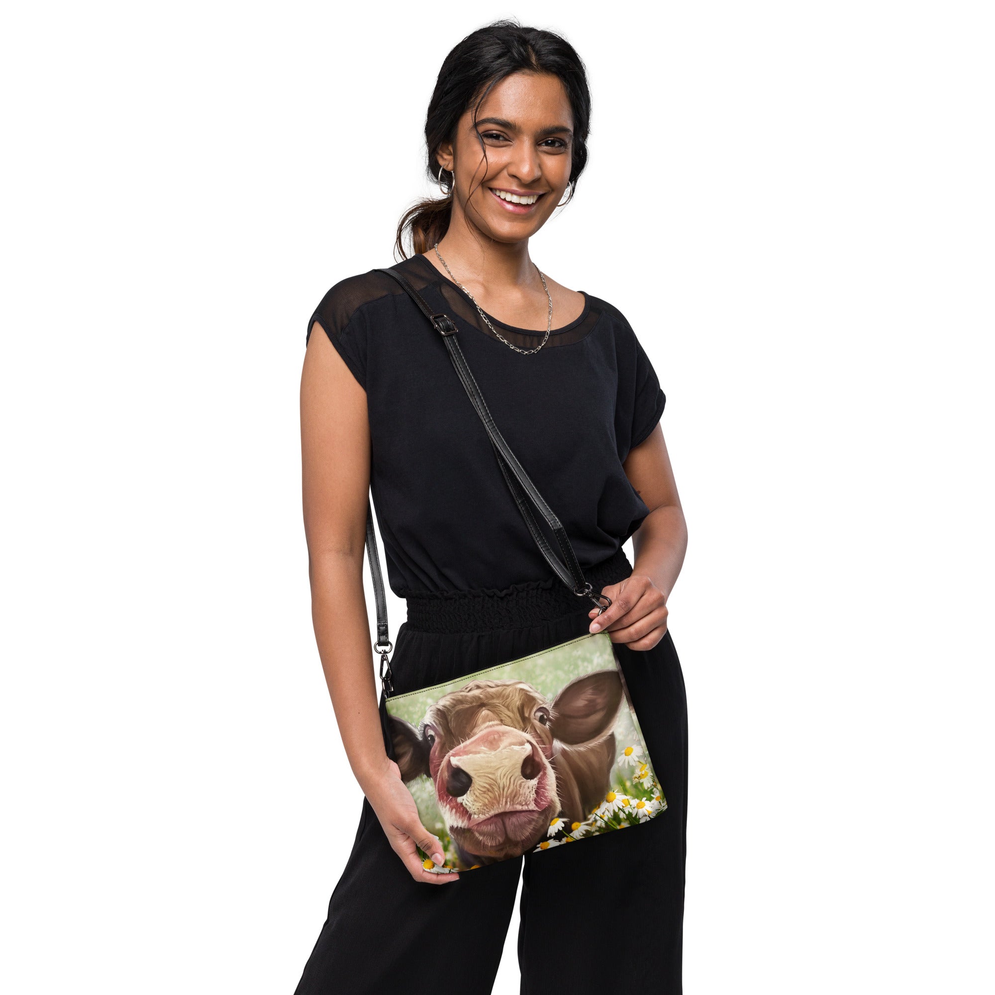 Crossbody bag with 'Camila Cow' on it by Artist Carol Landry