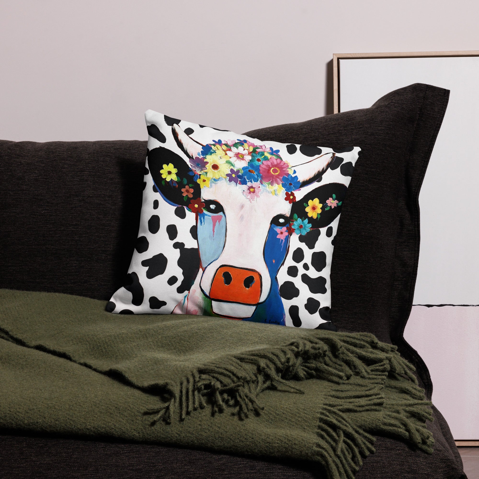 Throw Pillow Case with 'Dreams of Flowers/Cow Spots' Design by Artist Carol Landry