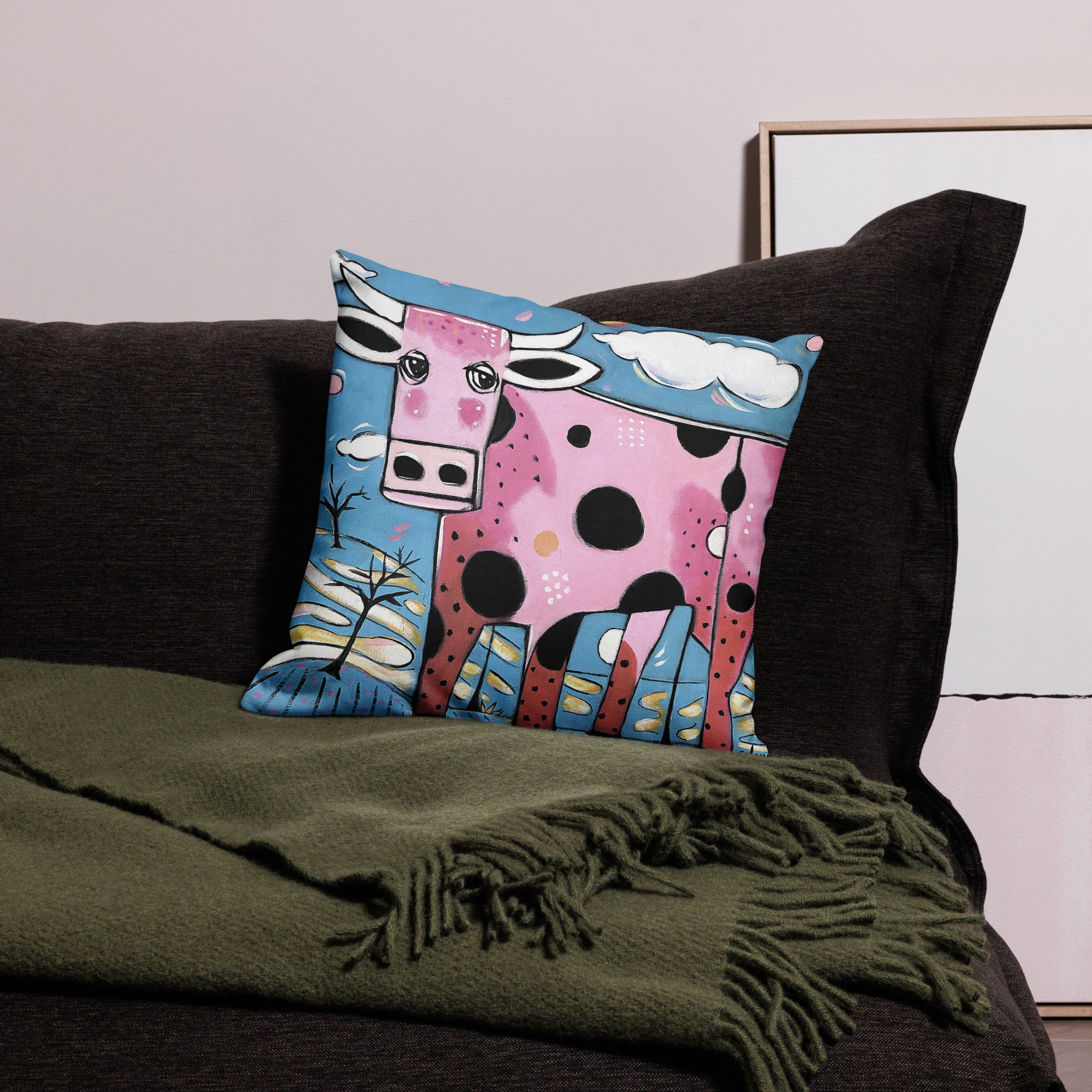 Throw Pillow Case with, 'Strawberry Milk Cow', by Artist Carol Landry