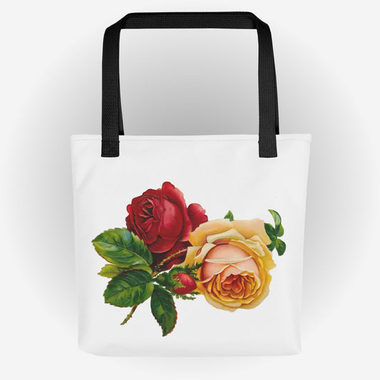 Tote bag with Vintage Roses Design on White Bag, Black handles