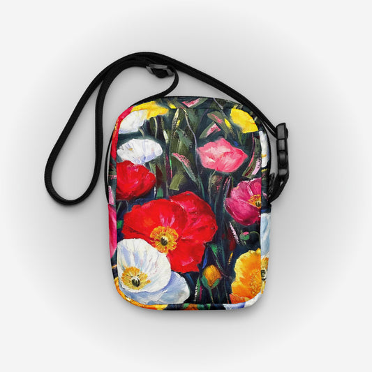 Crossbody Utility Bag with Colorful Poppies Art by Artist Carol Landry