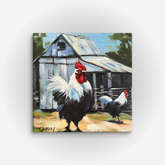 Farmhouse Reproduction Canvas, '2 Roosters & Coup', by Artist Carol Landry