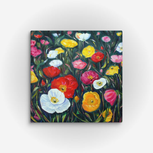 Poppies Art, 'Colorful Assorted Poppies on Canvas', by Artist Carol Landry