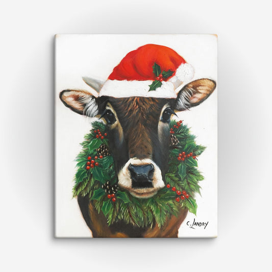 Christmas Cow, 'Tobey' Reproduction on Canvas by Artist Carol Landry