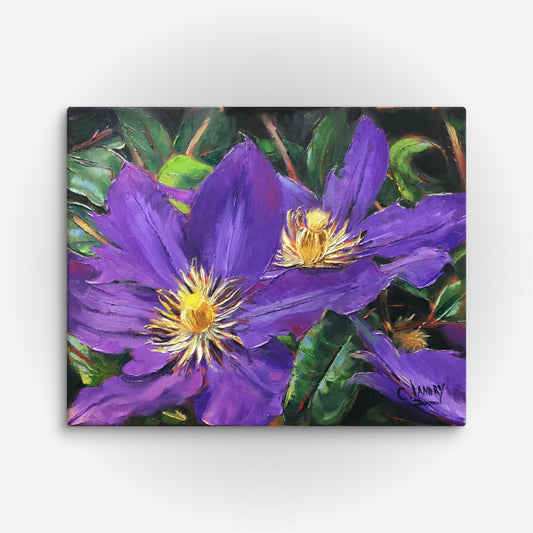 Clamatis, Purple Flowers Painting Reproduciton Canvas, by Artist Carol Landry