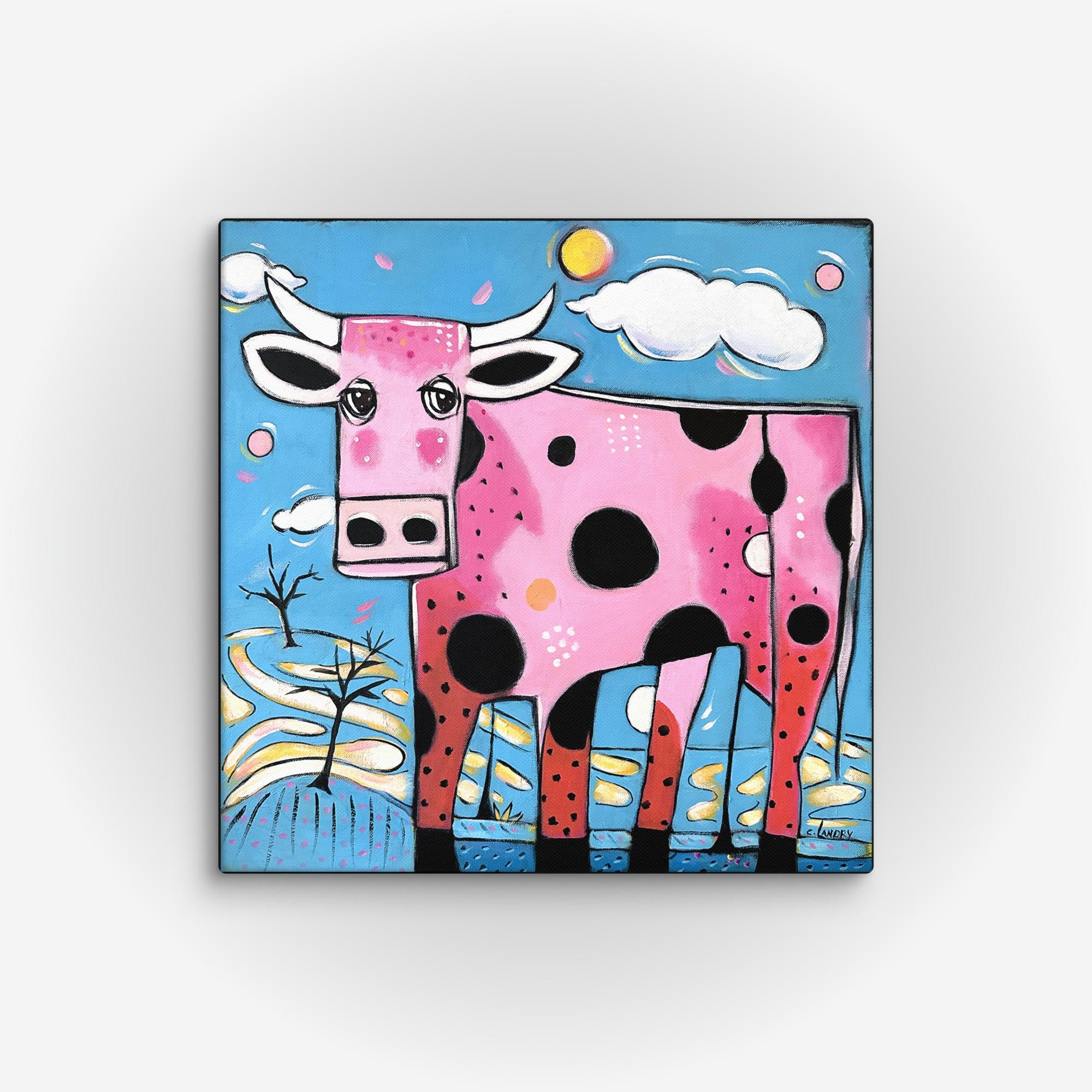 Cow Reproduction on Canvas, 'Strawberry Milk Cow', by Artist Carol Landry