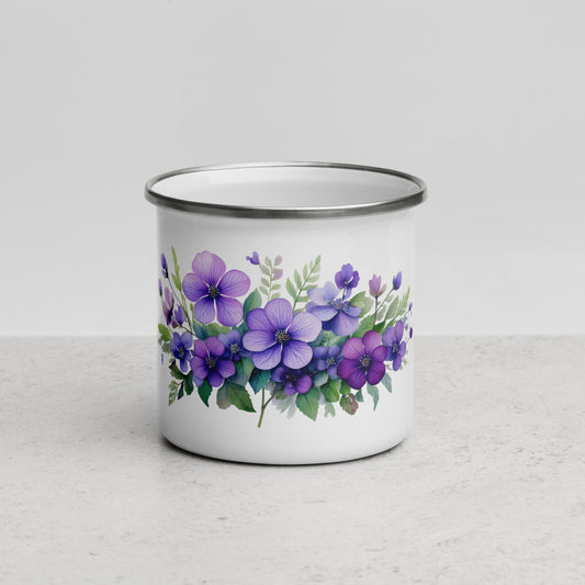 Enamel Mug with Violet Purple Flowers Design