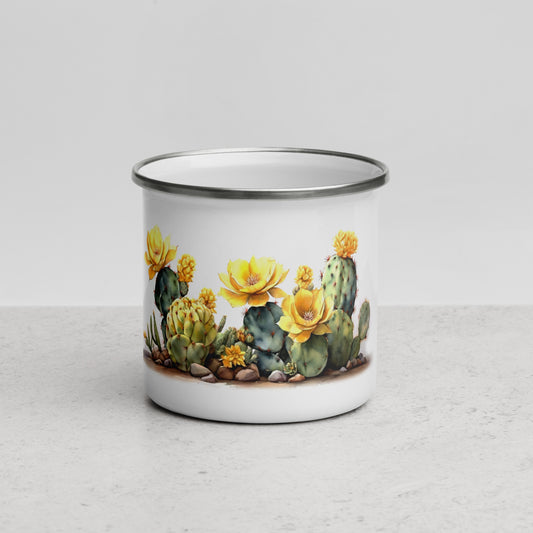 Enamel Mug with Yellow Cactus Blooms Design