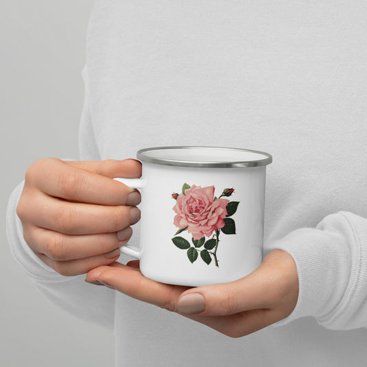 Enamel Mug with a Pink Vintage Rose Design