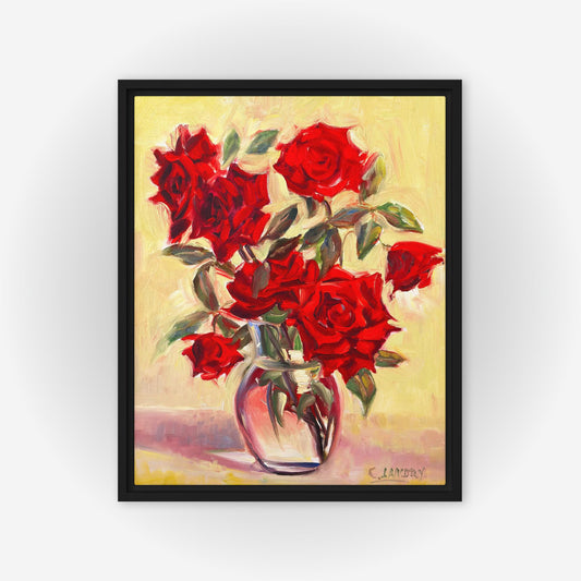 Red Roses Painting Reproduction on Canvas, Framed. Artist Carol Landry