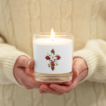 Candle, Glass Jar, Soy, with Pointsettia Cross Christmas Decoration on it.